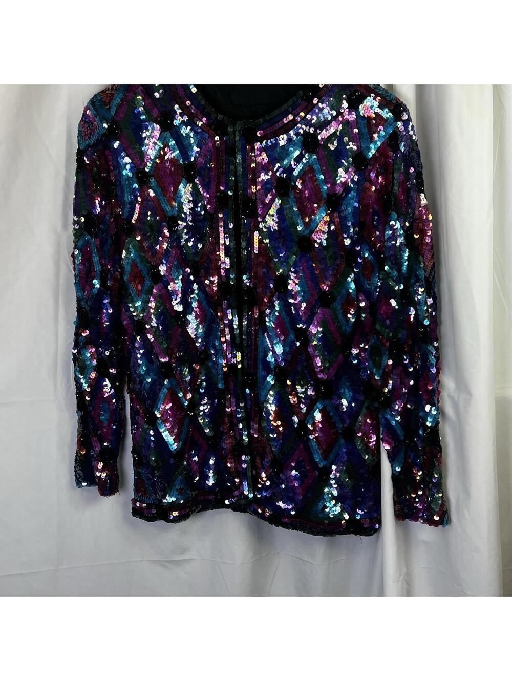 Laurence Kazar Purple Black Green Sequin Silk Jacket EUC Medium EUC VTG